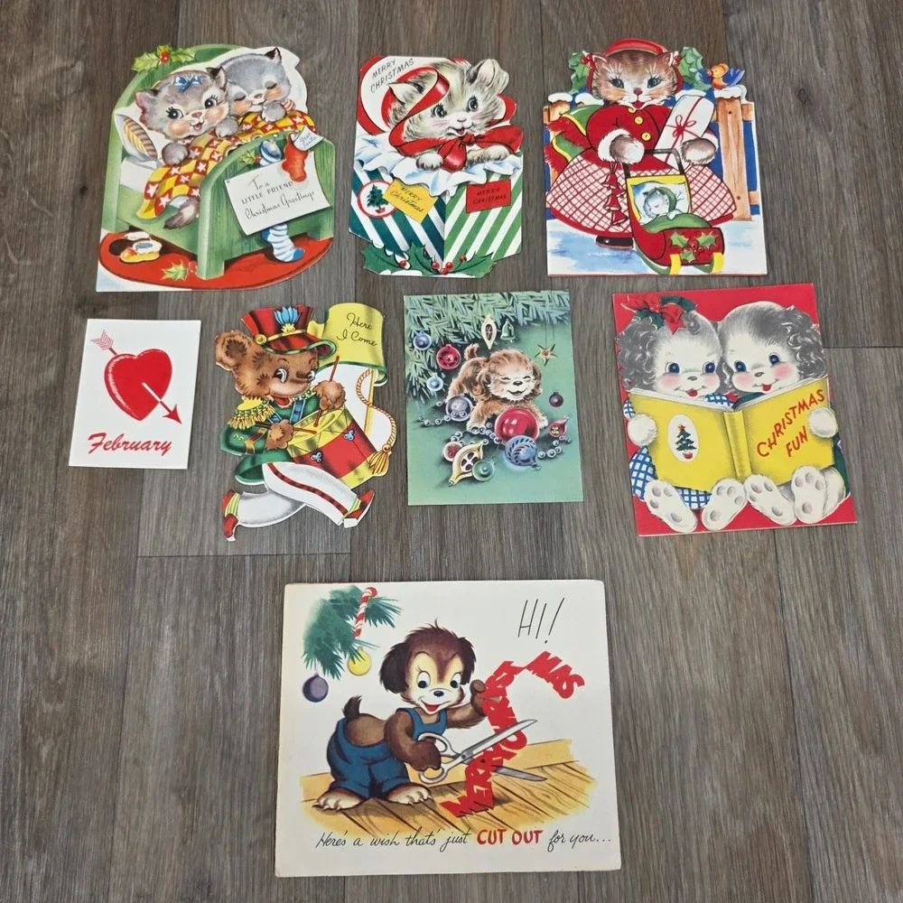 Vintage 1950s Christmas Card Lot Die Cut Kittens Puppies Teddy Bear MCM Norcross
